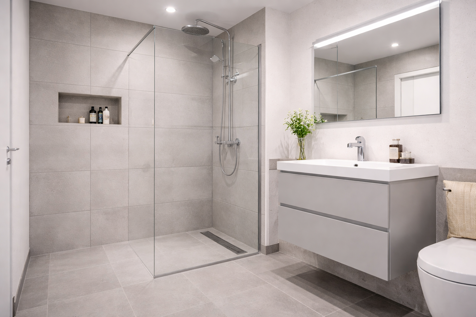 Fertiggestelltes modernes Bad mit bodengleicher Dusche bundesweit