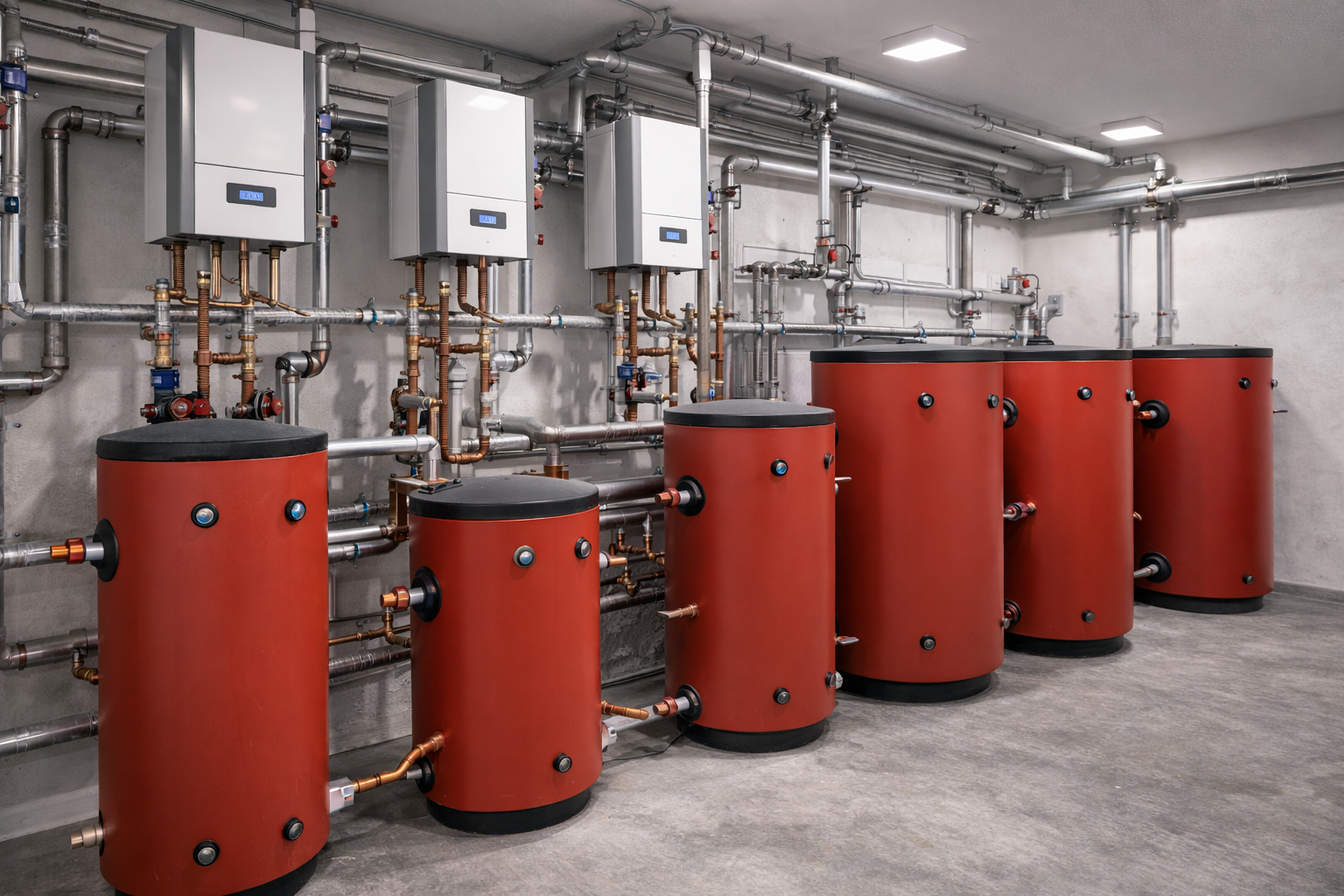 Heizzentrale mit mehreren Pufferspeichern und Leitungen bundesweit